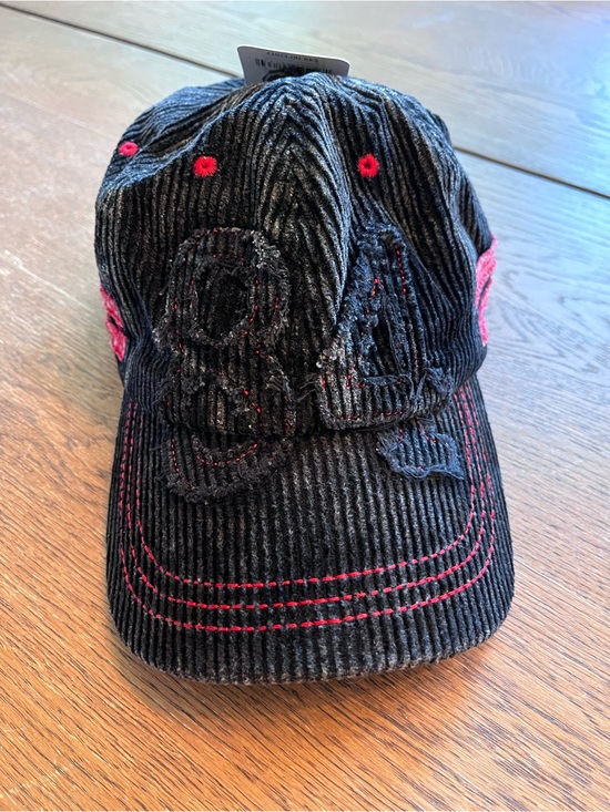 Free People Accessories - Free People Black Corduroy Cap with Red Stitching